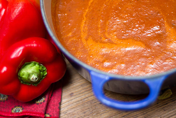 Pot of Red Pepper Soup stock photo