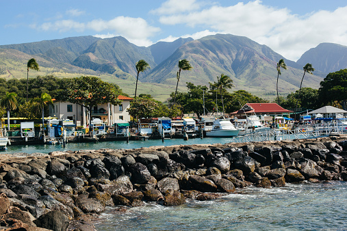Lahaina Harbor on a beautiful day on the island of Maui, Hawaii.