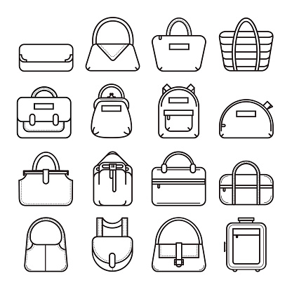 Bag icons. Set of 16 thin line bag icons. Vector illustration