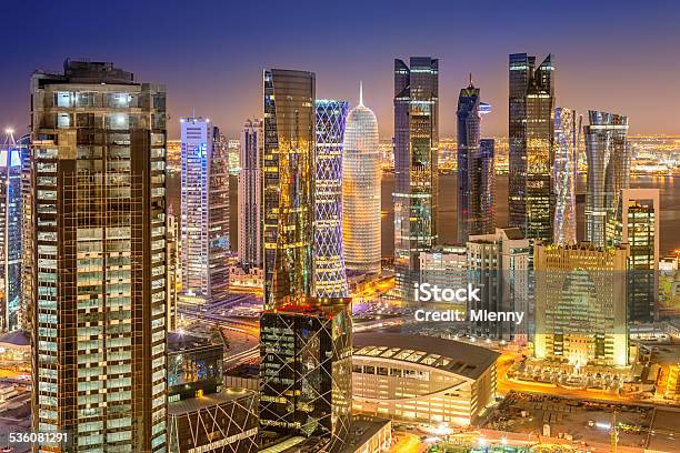 Doha Skyline Qatar Cityscape From Above At Night Stock Photo - Download Image Now - Qatar, Doha, Hotel