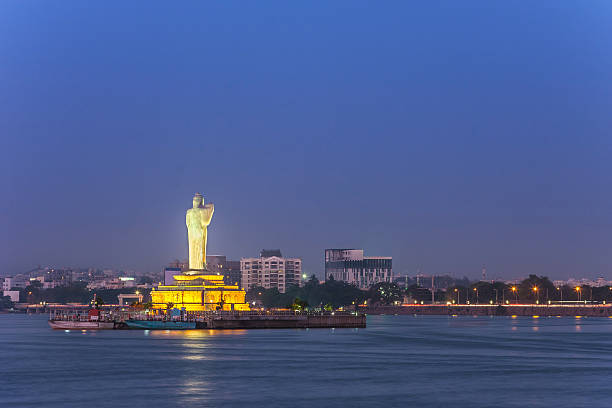 lake Hussain Sagar, Hyderabad, India monolithic statue of the Gautam Buddha in the middle of the lake Hussain Sagar, Hyderabad, India hyderabad india photos stock pictures, royalty-free photos & images