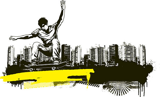 acrobatic skate jump with grunge city background vector art illustration