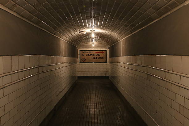 A signboard indicates the platform of the train that goes to Cuatro Caminos, Tetuan, in out-of-service Chamberí station, at Metro de Madrid.