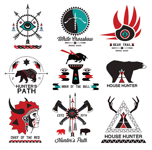 Set of hunting, ethnics logo and design elements Set of hunting, ethnics logo, labels and design elements. Hunting and culture of North America. Arrows, Indian elements. Symbols, signs and embellishments famous archer stock illustrations