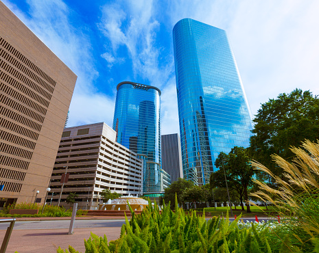 Aerial shot of office and residential skyscrapers in downtown Fort Worth, Texas on a sunny day in summer.