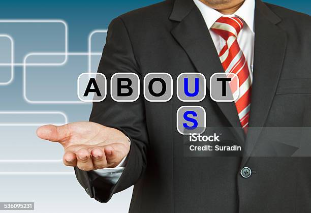 Businessman Hand Drawing About Us Stock Photo - Download Image Now - 2015, About Us, Achievement