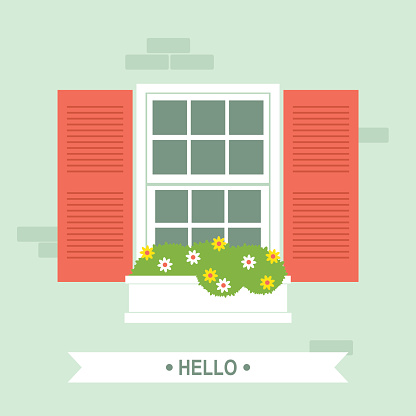 Simple vector illustration of window with red shutters and flower box. Easy to edit, elements are grouped and in separate layers. EPS10 and large jpg.