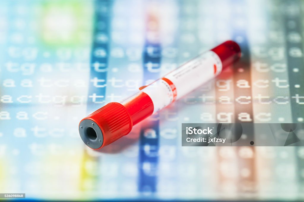 blood sample in test tube with DNA code blood sample in test tube with DNA code behind Polymer Sequencing Stock Photo