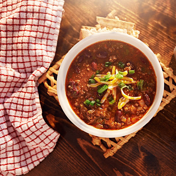 istock bowl of chili overhead shot with copy space 536108343