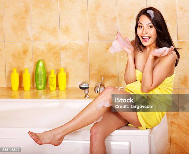 Woman Take Bubble Bath Stock Photo - Download Image Now - 2015, Adult, Bar Of Soap