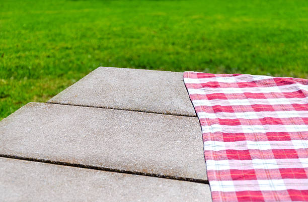 Picnic tablecloth on the table stock photo