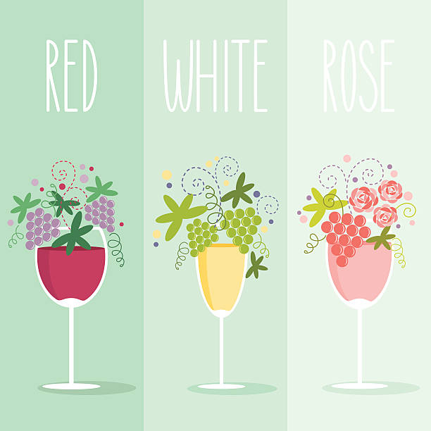 Ornate wine glasses Vector illustration three different wine glasses with vines, grapes and swirls. Easy to edit, elements are grouped and in separate layers. EPS10 and large jpg. rosé stock illustrations