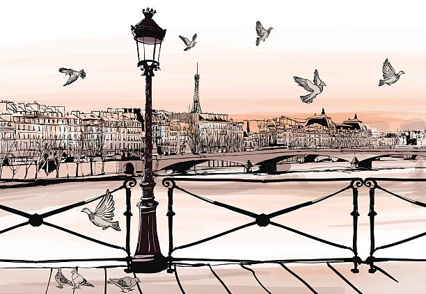 ilustrações, clipart, desenhos animados e ícones de pôr-do-sol no rio sena de pont des arts em paris - paris france panoramic seine river bridge