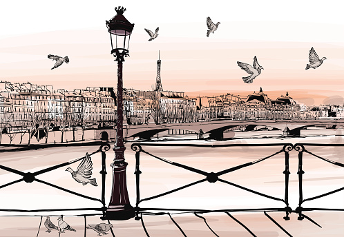 Sunset on Seine river from Pont des arts in Paris - vector illustration