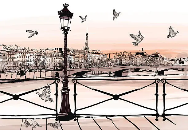 Vector illustration of Sunset on Seine river from Pont des arts in Paris