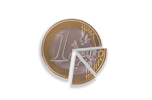 Euro coin split into several pie pieces on a white background