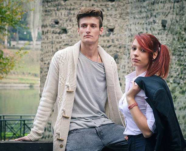 istock Young elegant couple outdoors near old stone wall 536169729