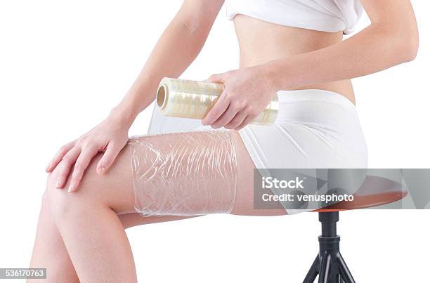 Woman Wrapping Leg With Plastic Wrapper Stock Photo - Download Image Now - The Human Body, Wrapping, Plastic