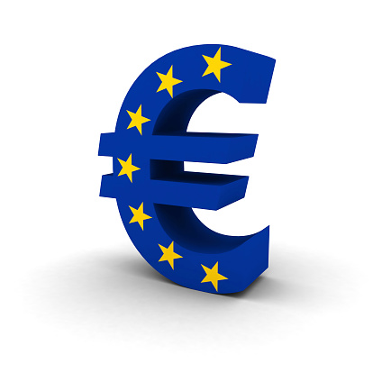 3D render of a Euro symbol textured with the European Union flag. Isolated on white with shadowing.