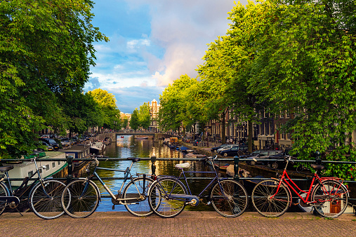 Bicycles Parked Along a Bridge Over the Canals of Amsterdam, Netherlands