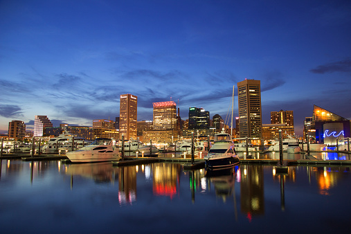 Baltimore's Inner Harbor during the twilight hours.