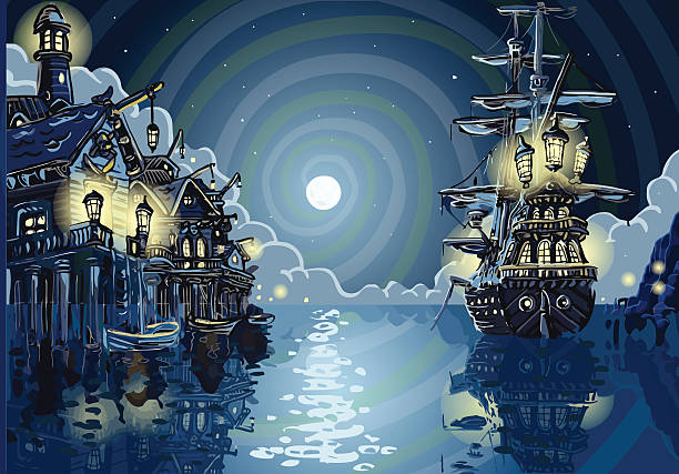 adventure island-pirates cove bay - piratenschiff stock-grafiken, -clipart, -cartoons und -symbole