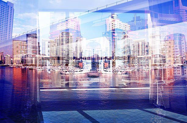 Double exposure of day city view from window