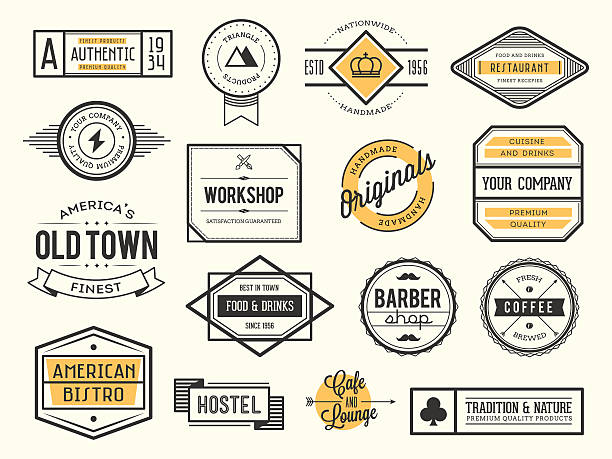 illustrazioni stock, clip art, cartoni animati e icone di tendenza di set di vintage logo distintivi ed etichette - retro revival label sign old fashioned