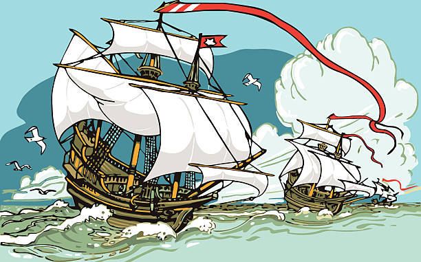 illustrazioni stock, clip art, cartoni animati e icone di tendenza di grande scoperta-tre galeoni c'vela - caravel nautical vessel sailing ship passenger ship