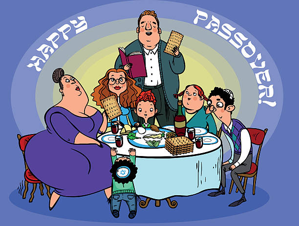 illustrazioni stock, clip art, cartoni animati e icone di tendenza di divertente saluto card felice pesah ebraica (o pasqua ebraica). illustrazione vettoriale - seder passover judaism family