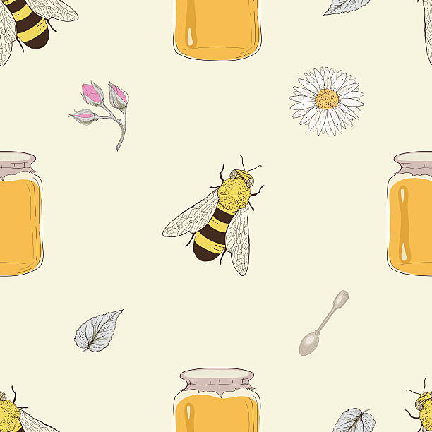 мед пчелы и цветы бесшовный узор - bee backgrounds chamomile plant fragility stock illustrations