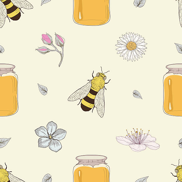 мед пчелы и цветы бесшовный узор - bee backgrounds chamomile plant fragility stock illustrations
