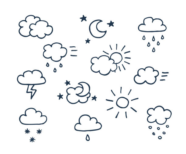 ilustraciones, imágenes clip art, dibujos animados e iconos de stock de conjunto de iconos dibujados a mano clima - cloud drawing heat cold