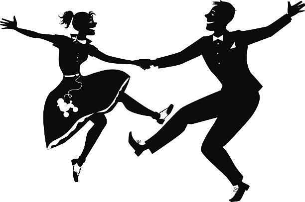 Rock and roll dancing silhouette Black vector silhouette of a couple dressed in 1950s fashion dancing rock and roll, no white, will look the same on any color background swing dancing stock illustrations