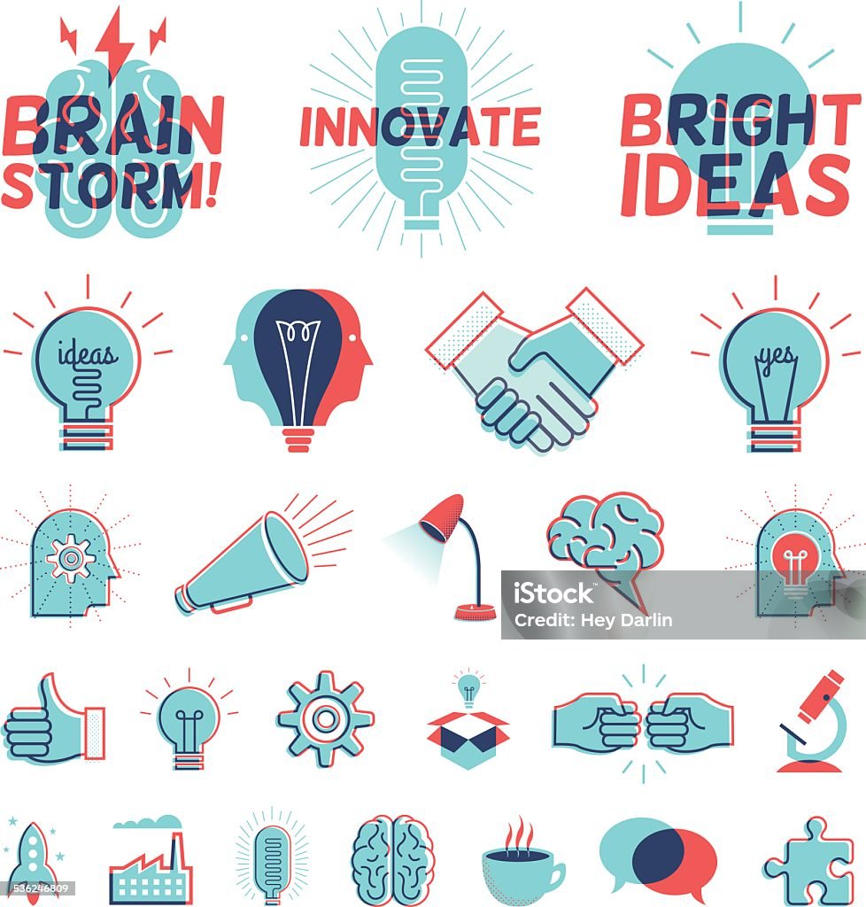 Overprint Graphics - Bright Ideas A collection of icons and graphics representing bright ideas in a vintage overprint style. Inspiration stock vector