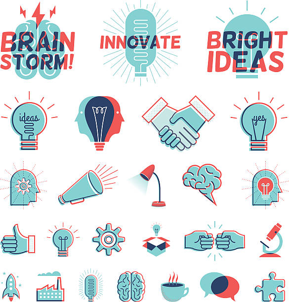 Overprint Graphics - Bright Ideas A collection of icons and graphics representing bright ideas in a vintage overprint style. megaphone symbols stock illustrations