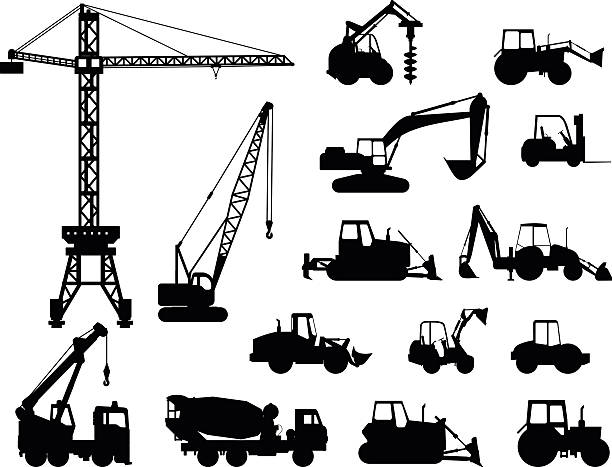 illustrazioni stock, clip art, cartoni animati e icone di tendenza di set di icone di costruzione pesante macchine. illustrazione vettoriale - crane construction equipment construction equipment