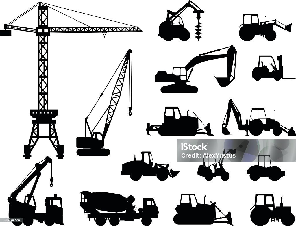 Set of heavy construction machines icons. Vector illustration Silhouette illustration of heavy equipment and machinery Crane - Machinery stock vector
