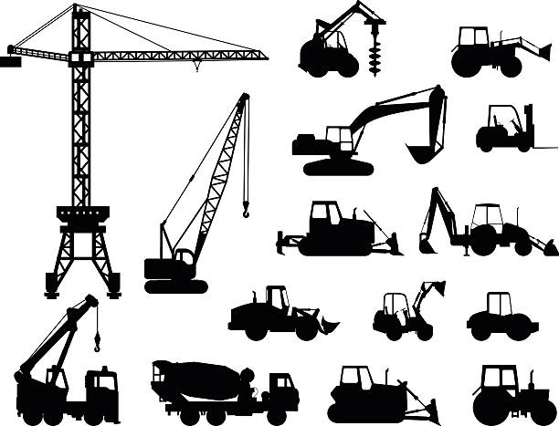 Set of heavy construction machines icons. Vector illustration Silhouette illustration of heavy equipment and machinery truck silhouettes stock illustrations