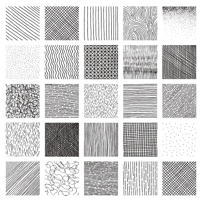 Vector collection ink hand drawn hatch texture, ink lines, points, hatching, strokes and abstract graphic design elements isolated on white background