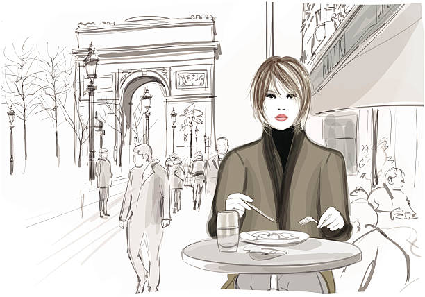 ilustrações, clipart, desenhos animados e ícones de bela mulher tendo um almoço no champs-elysées em paris - starbucks women walking restaurant