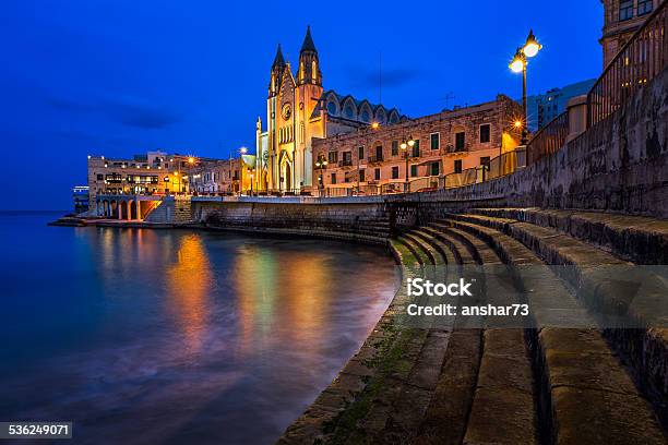 Church Of Our Lady Of Mount Carmel And Balluta Bay Stock Photo - Download Image Now - Bay of Water, Malta, Night