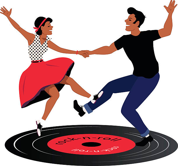 Rockabilly Rockabilly couple dancing on a vinyl record, vector illustration, no transparencies, EPS 8 rockabilly hair men stock illustrations