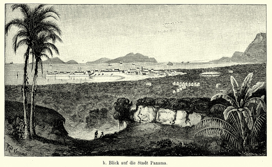 Vintage engraving of a view of the city Panama. Ferdinand Hirts Geographische Bildertafeln,1886.