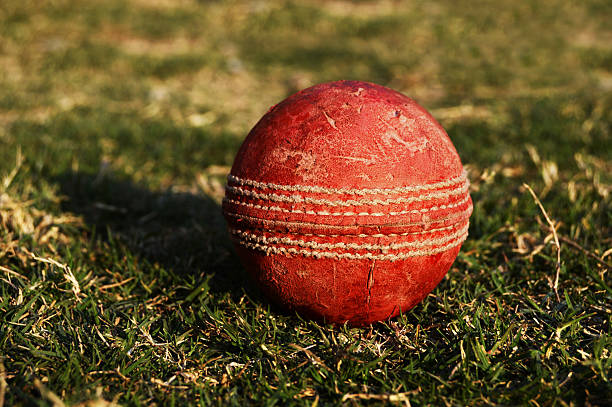 Old cricket ball Old cricket ball on grass - closely isolated over black kookaburra stock pictures, royalty-free photos & images