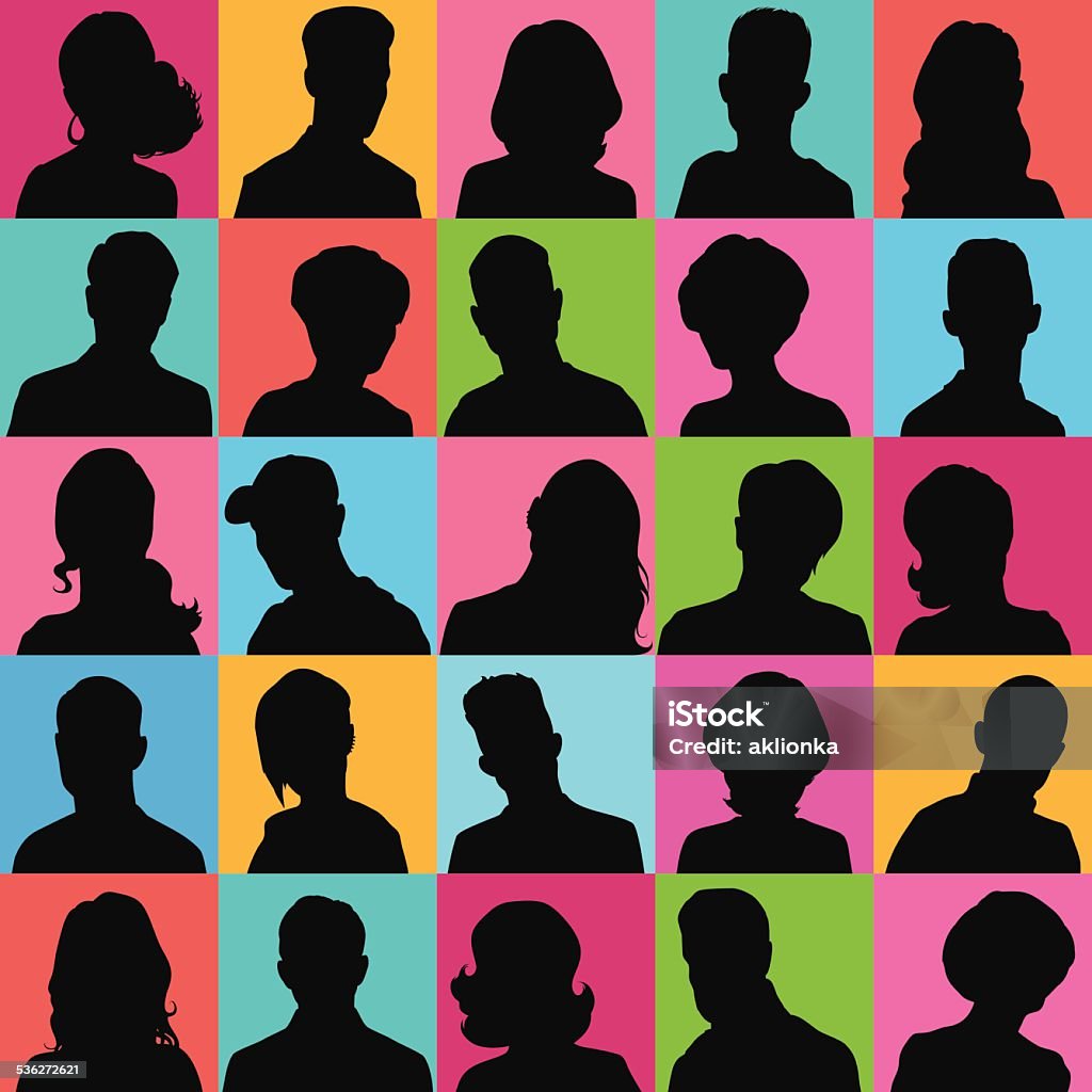 Avatars of silhouettes with different hairstyles. Set of opposite-sex avatars for your design Front View stock vector