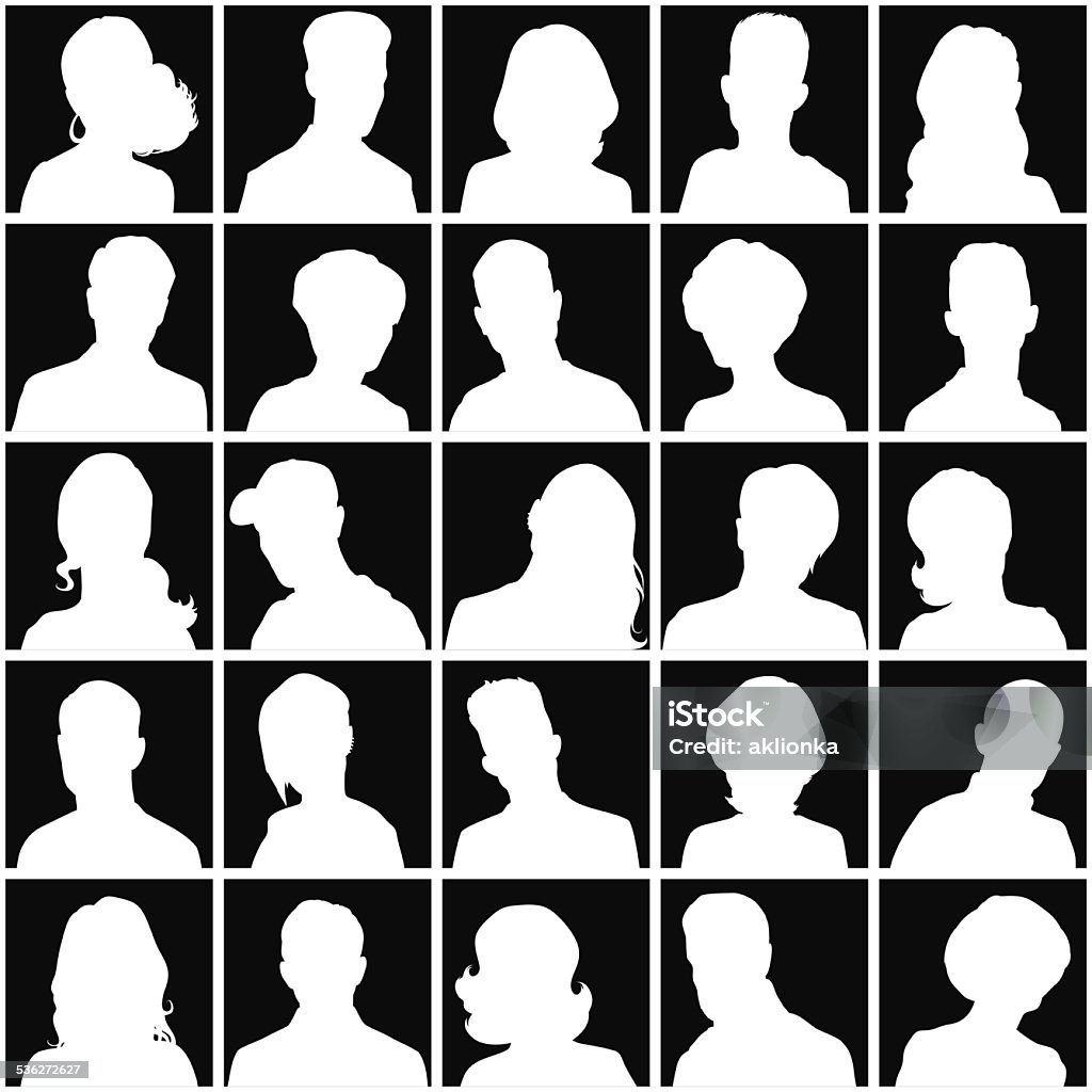 Avatars of silhouettes with different hairstyles. Set of opposite-sex avatars for your design Front View stock vector