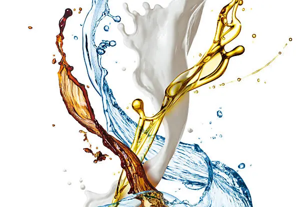 splashes of coffee, oil, milk and water