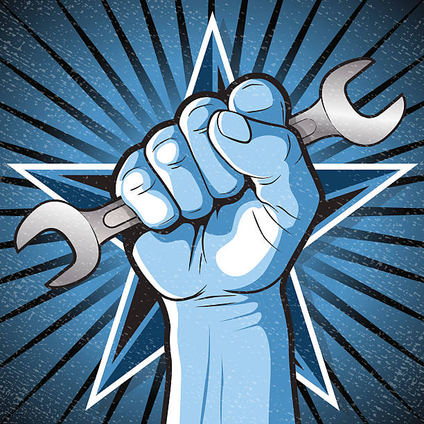 Revolutionary Punching Fist and Spanner Sign. vector art illustration