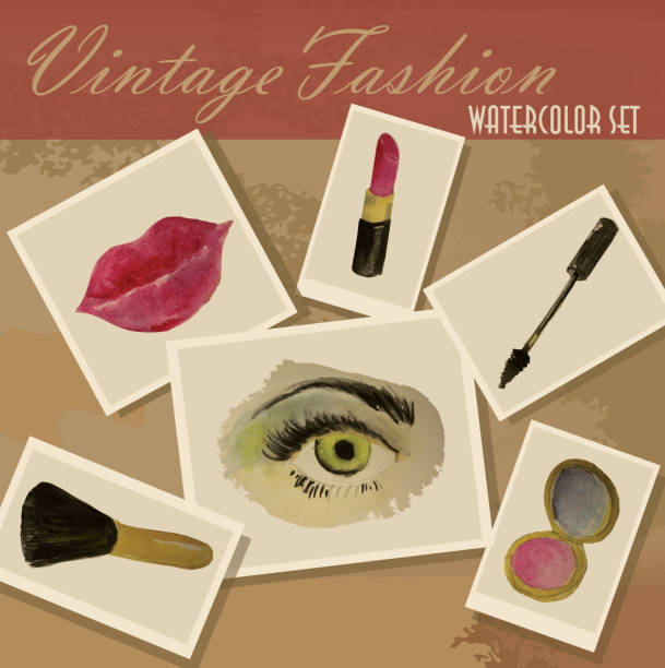 A collection of hand drawn watercolor images pertaining to fashion and make-up. Features lips, lipstick holder, eyelash, compact, eye, and blush brush. Easy layers for customizing.